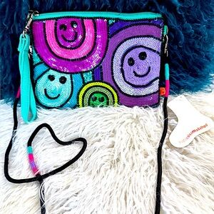 Little Mismatched Happy Smiley Face Crossbody Bag Sequin Purse w wrist strap NWT